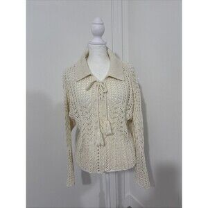 American Eagle Women's Size Small Crochet Polo Sweater Boho Tassel Tie Open Knit